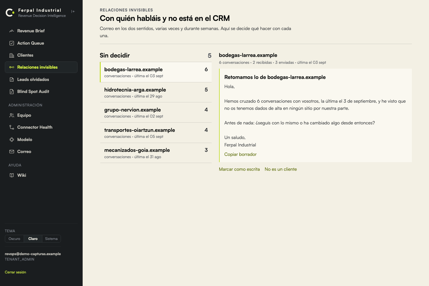 Screenshot of CERUNA on demonstration data: Who you talk to that is in no system
