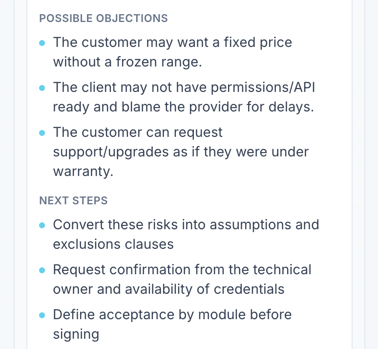 Likely customer objections and suggested next steps