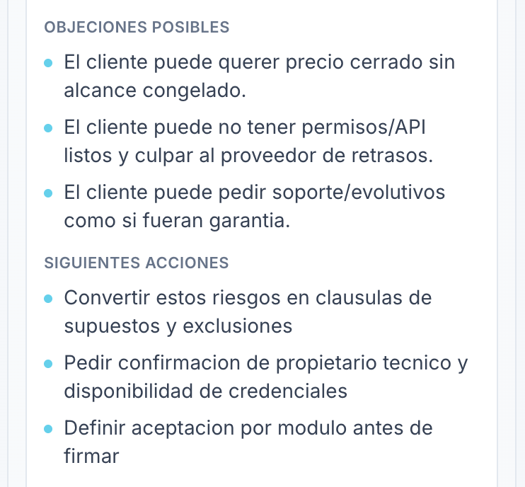 Objeciones probables del cliente y siguientes acciones sugeridas