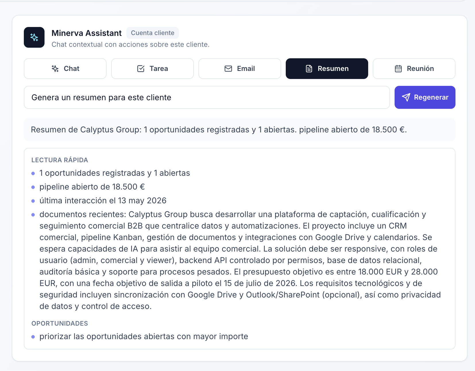 Minerva Assistant generando un resumen de cliente
