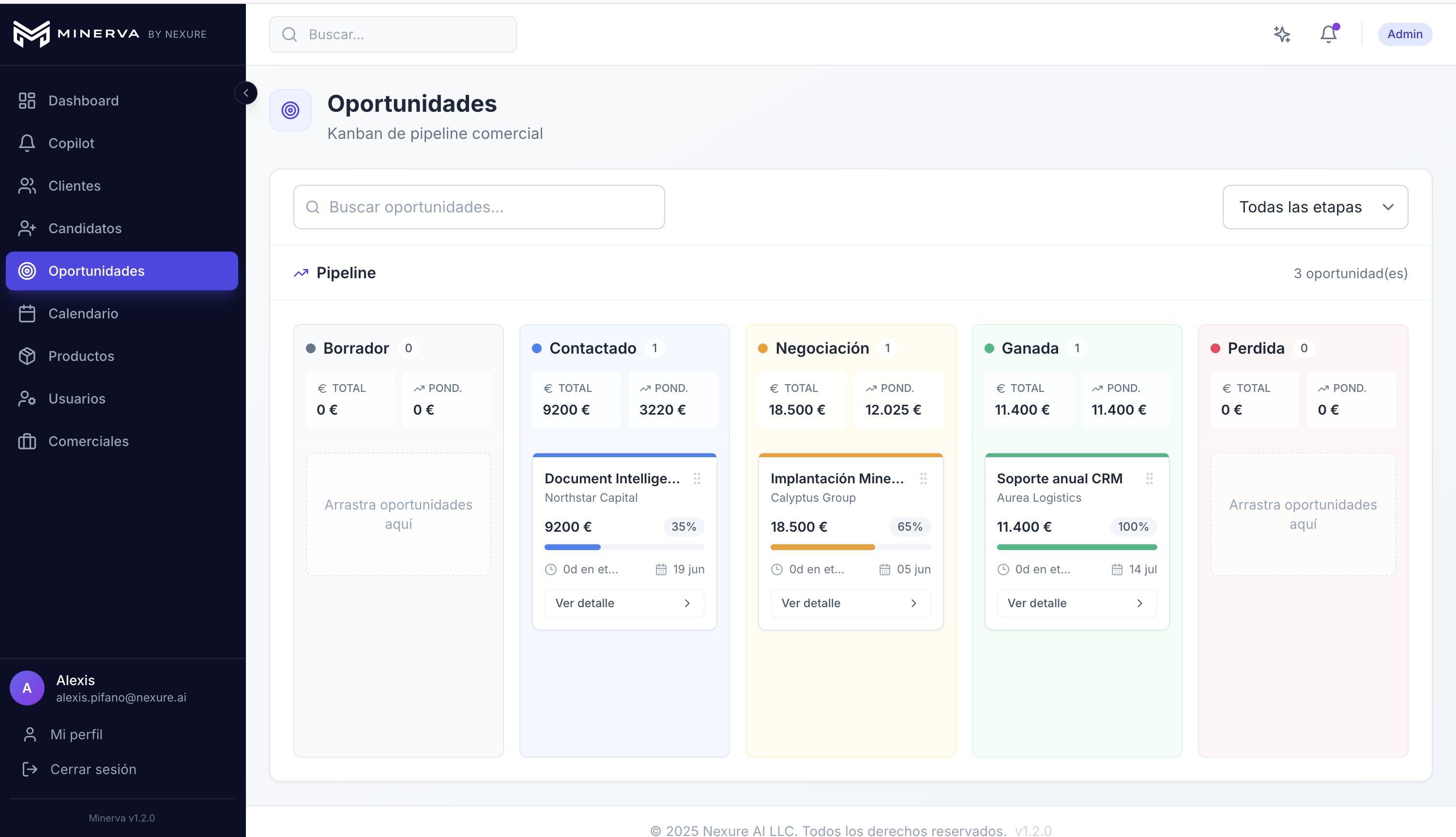 Pipeline Kanban de oportunidades en Minerva