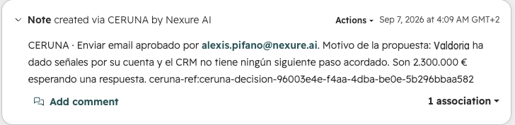 Nota escrita por CERUNA en una oportunidad de HubSpot. Dice quién aprobó escribir al cliente, por qué (la empresa ha dado señales por su cuenta y el CRM no tiene ningún siguiente paso acordado), cuánto hay esperando respuesta, y lleva un identificador para poder rastrearla.