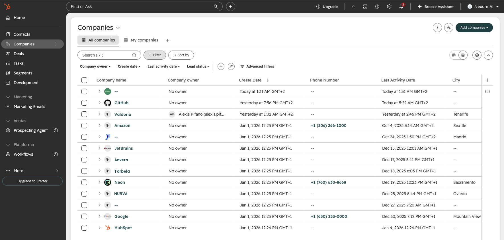 Lista de empresas de un portal de HubSpot recién creado. De las trece que aparecen, seis son GitHub, Amazon, JetBrains, Neon, Google y el propio HubSpot: ninguna se dio de alta a mano.
